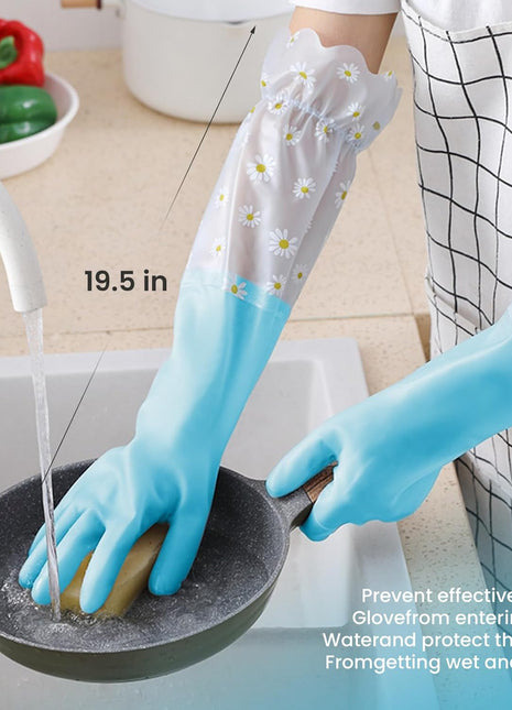 Dishwashing Cleaning Gloves 1 Pairs-Reusable Cotton Liner Rubber Gloves Long cuff