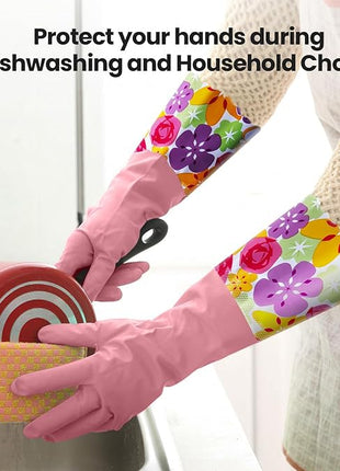 Dishwashing Cleaning Gloves 1 Pairs-Reusable Cotton Liner Rubber Gloves Long cuff