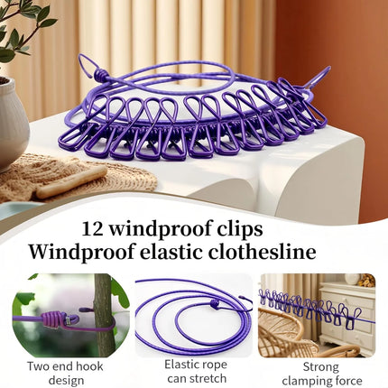 Portable Clothesline with 12 Clips - Extends 12ft, Heavy Duty Stainless Steel Hooks