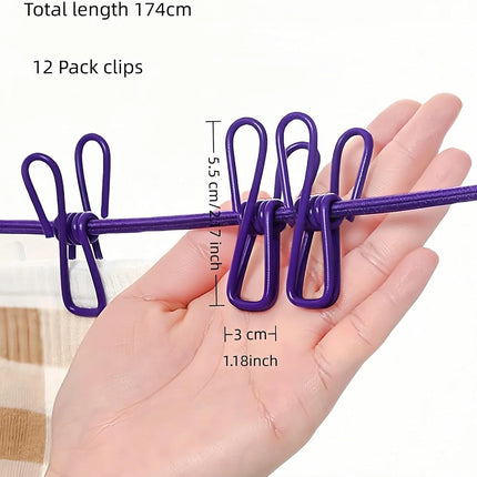 Portable Clothesline with 12 Clips - Extends 12ft, Heavy Duty Stainless Steel Hooks