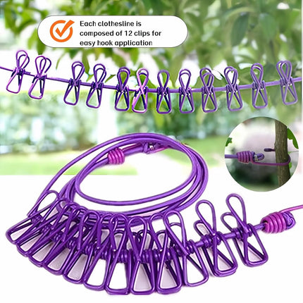 Portable Clothesline with 12 Clips - Extends 12ft, Heavy Duty Stainless Steel Hooks